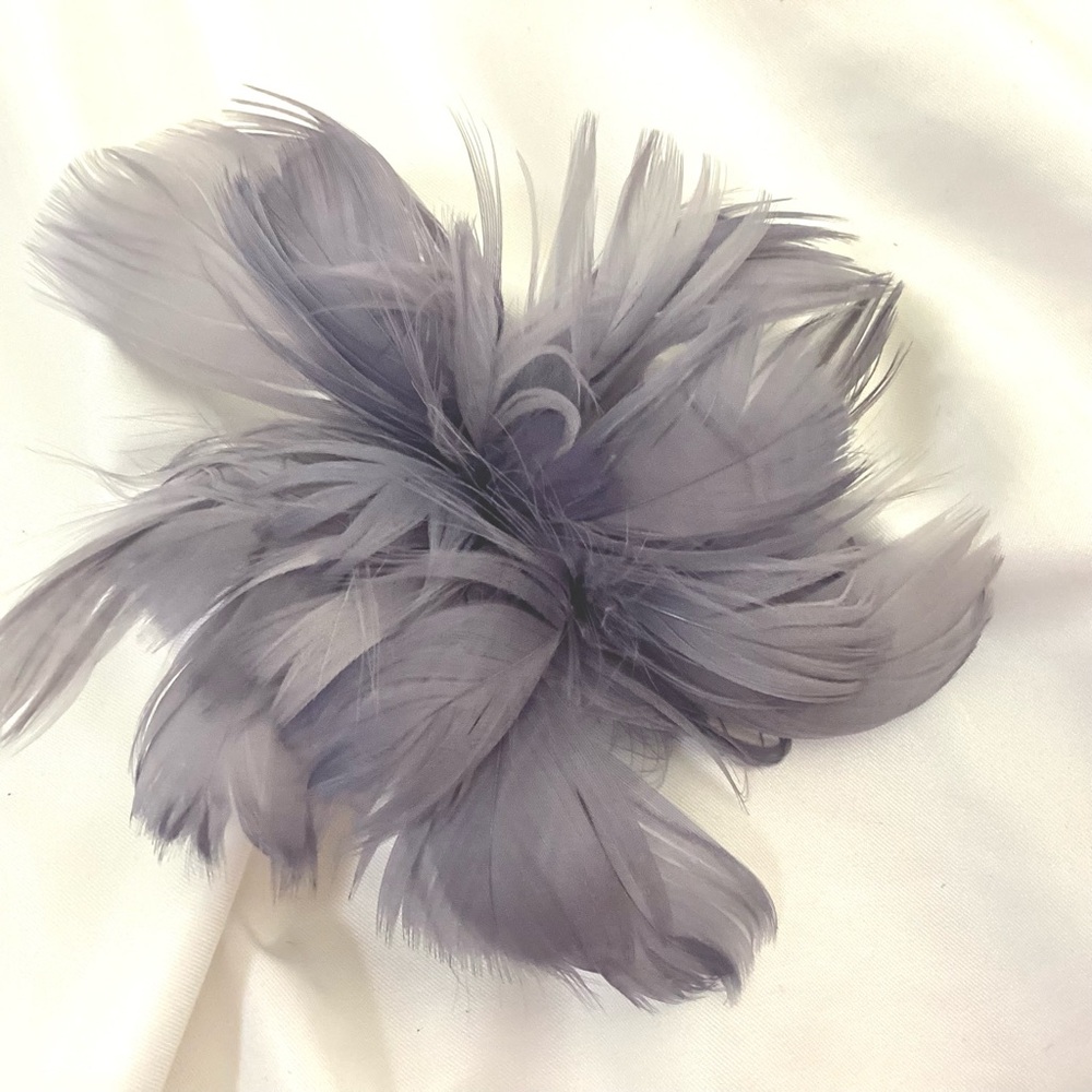 Petite Flint pewter purple/blue Gray  Feather Fascinator Hair Clip, brooch pin.